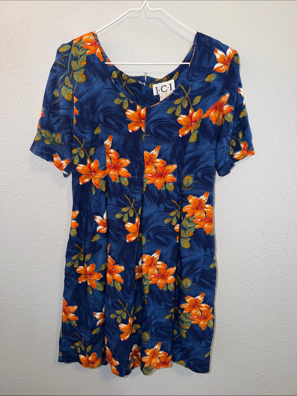 I.C.I Navy Floral Short Sleeve Vintage Romper with Orange Lilies